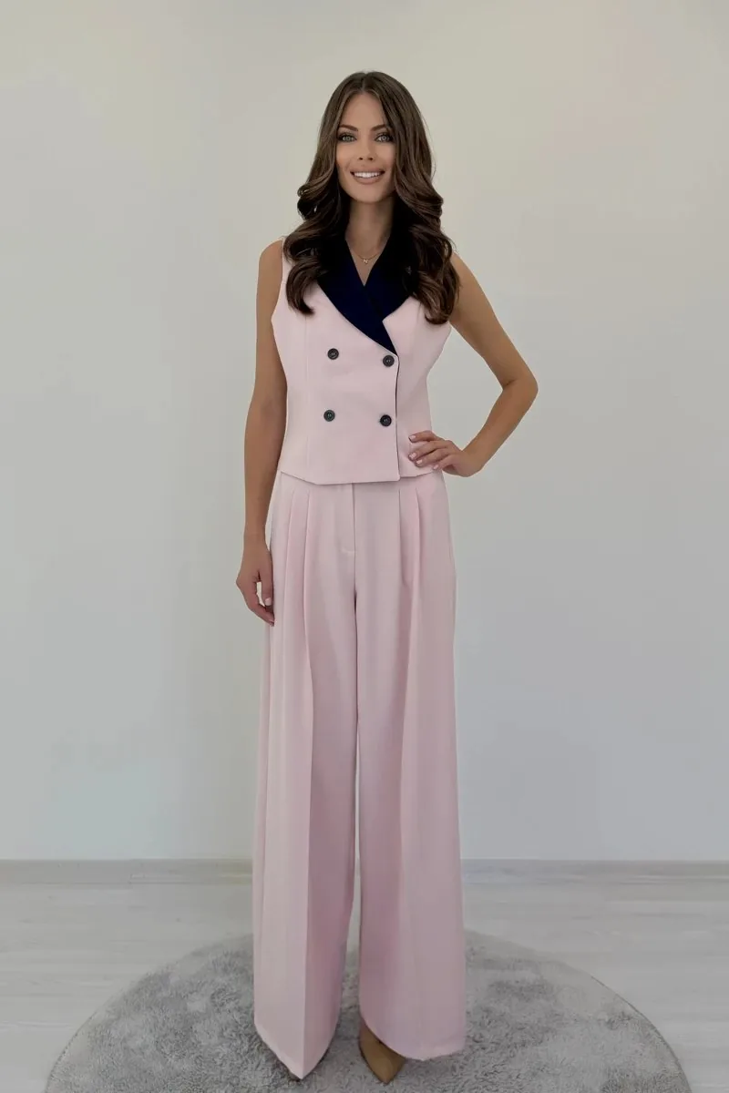 Atelier Contrast-Collar Pleated Palazzo Set — Pink / Navy