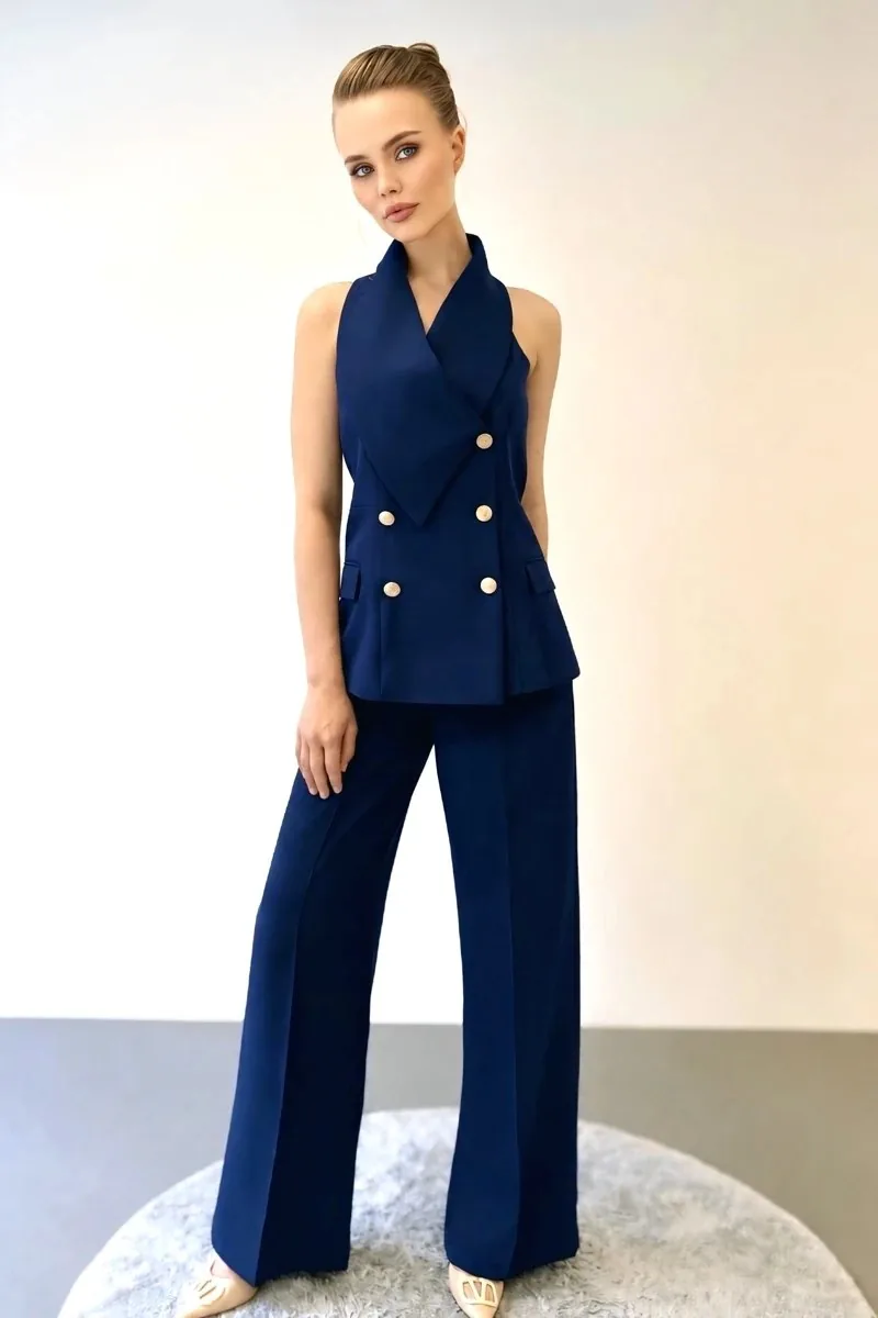 Gold-Button Shawl-Collar Vest & Trouser Set — Navy
