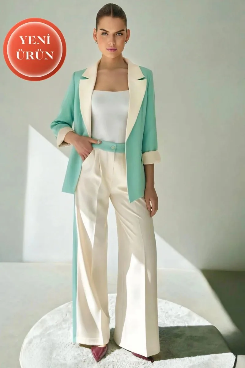 Contrast-Trim Blazer & Palazzo Set — Sea Green