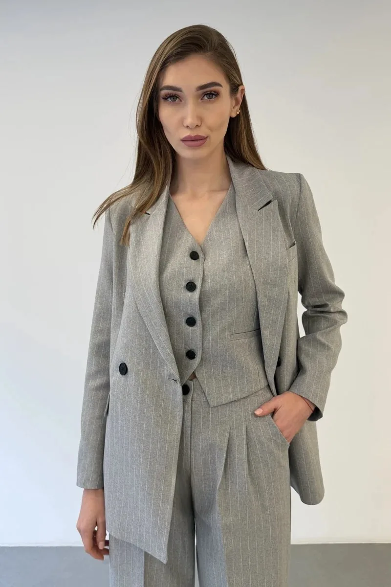 Premium Pinstripe Three-Piece Office Suit — Grey