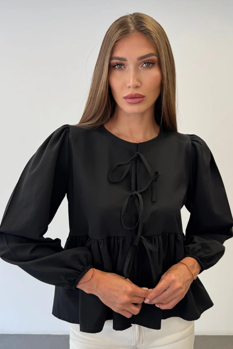 Cotton Poplin Bow-Collar Shirt — Black
