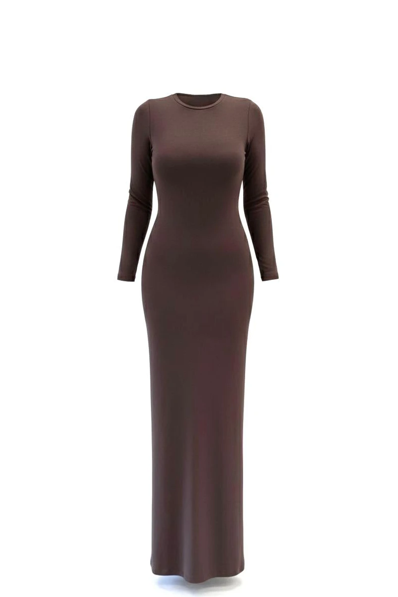 Long-Sleeve Slim Cotton Maxi Dress — Dark Brown
