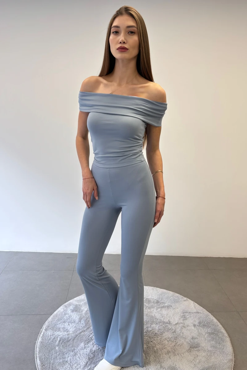 Bardot Top & Flared Leggings Set — Baby Blue