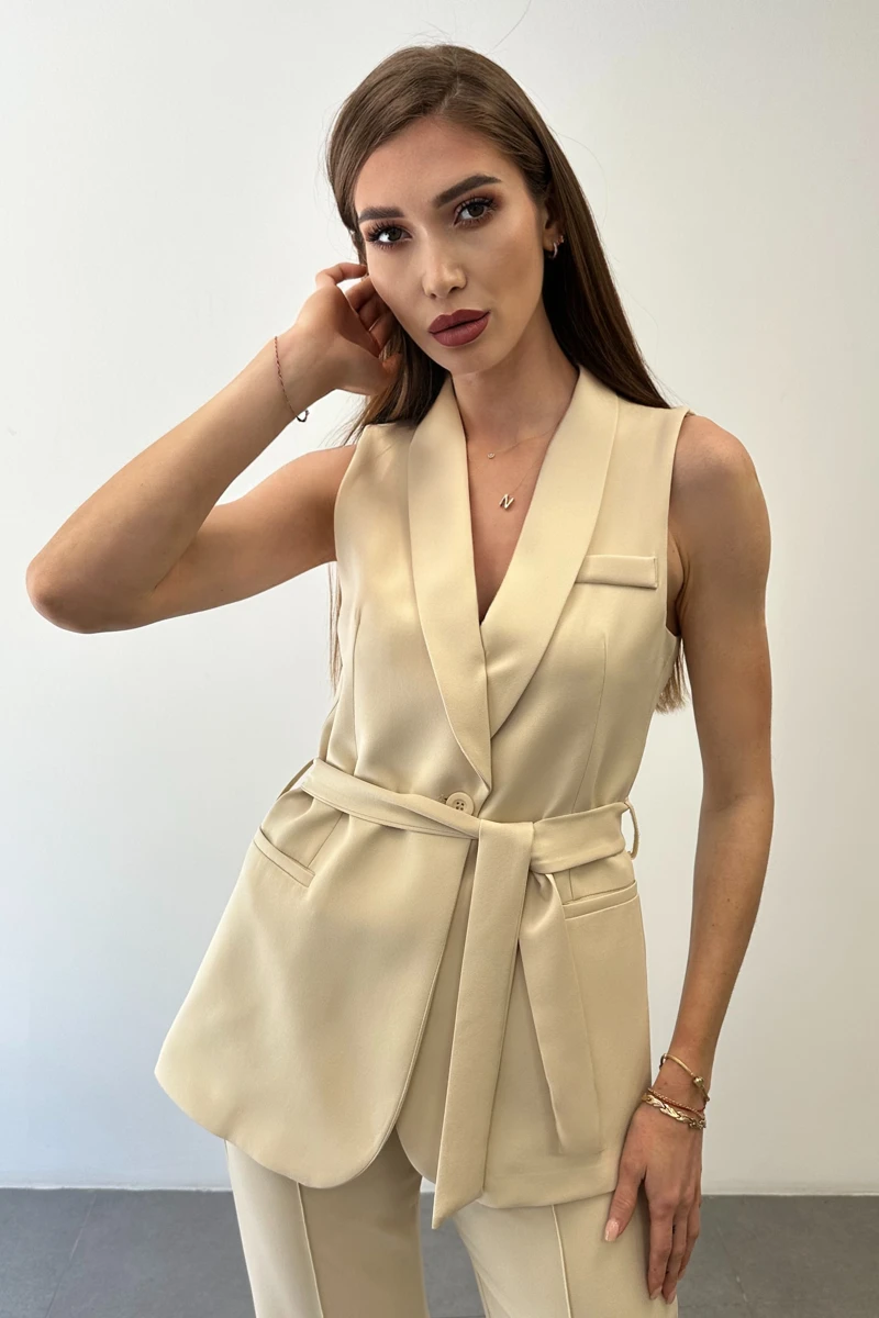 Shawl-Collar Belted Vest & Trouser Set — Cream