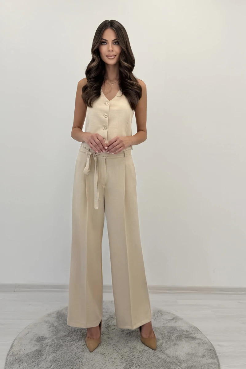Asil Duruş Buttoned Vest & Belted Wide-Leg Set — Cream