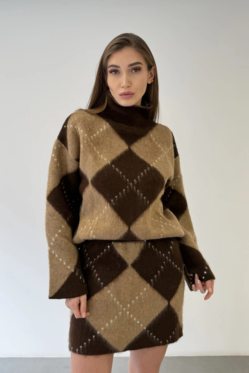 Argyle Knit Top & Skirt Set — Camel